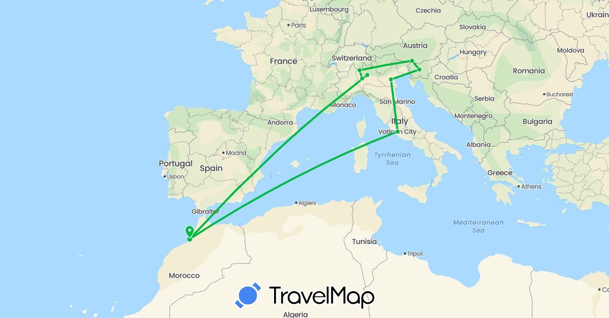 TravelMap itinerary: driving, bus in Austria, Switzerland, Italy, Morocco, Slovenia (Africa, Europe)
