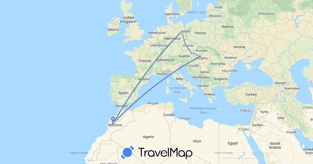 TravelMap itinerary: driving, plane, cycling in Austria, Czech Republic, Germany, Hungary, Morocco, Slovakia (Africa, Europe)
